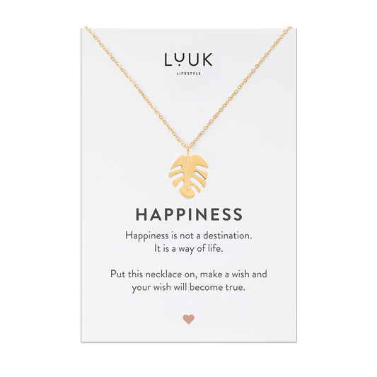 LUUK LIFESTYLE Filigree 19” necklace with monstera leaf pendant, modern and minimalist fashion accessory, nature zen jewellery for everyday life, HAPPINESS gift card, lucky charm, layer look, gold