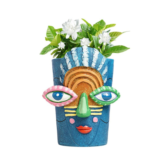 Yhupl Picasso Abstract Face Flower Pot,Plant Pot with Facial Expressions,Handmade Resin Plant Pot with Drainage Holes,for Indoor and Outdoor Botanical Home décor (Blue Small)
