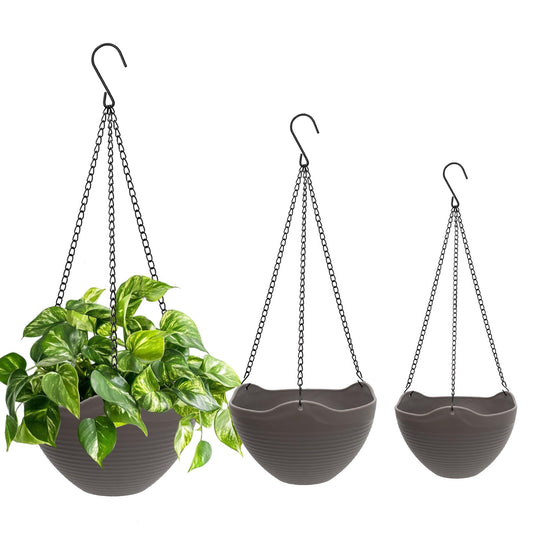 One Boat Hanging Planters for Indoor Plants 3 Pack - 7/8/10 Inch Plastic Hanging Pots with Water Sieve Mesh, Small Hanging Pots for Home Garden, Porch, Balcony & Patio Decor, Black