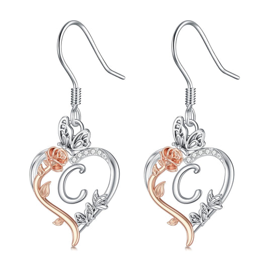 TOUPOP Rose Heart Initial Earrings Sterling Silver Butterfly Earring Initial C Letter Drop Dangle Earrings Jewelry Anniversary Birthday Mothers Day Gifts for Women Mom Wife Girlfriend Her