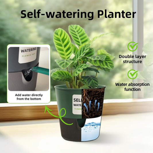 5/6.5/7.5 Inch Self Watering Pots for Indoor/Outdoor ,4 Pack plastic Planters for Indoor Plants with Drainage Holes and Saucers, Modern Decorative Flower Pot for Plants (Green, 5-Inch, 4-Pack)