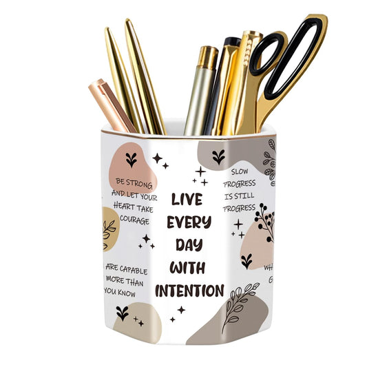 WAVEYU Cute Pen Holder for Desk, Ceramic Pencil Holder, Makeup Brush Holders, Desktop Stationery Organizer for School Students Office Women Teens Girls Boys, Words