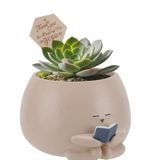 Onzbala Bookworm Planter Pot - Cute Plant Pots for Succulents with Thank You Sign & Card, Resin Reading Planter for Indoor Outdoor Decor, Succulent Gifts for Book Lovers, Teacher Mom Dad Appreciation