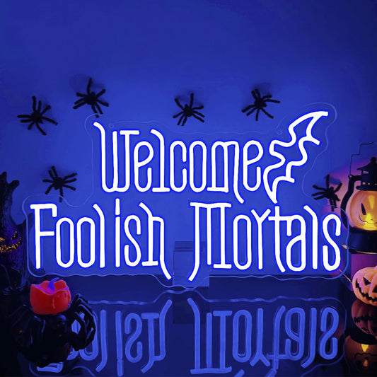 RuCvixkt Welcome Foolish Mortals Neon Sign, Halloween LED Neon Signs for Wall Decor, Spooky Gothic Haunted Mansion Decor, Coffin Led Neon Light Gift for Boy, Party, Man Cave, Haunted House(Blue)