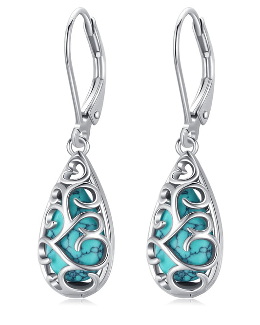 BDL Filigree Genuine Turquoise Teardrop Leverback Earrings Sterling Silver Dangle Drop Jewelry for Women