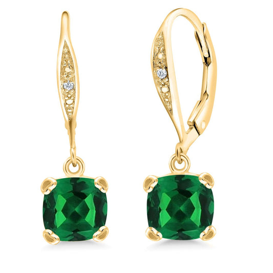 Gem Stone King Drop Dangle Earrings For Women | 7MM Cushion Cut Gemstone Birthstone and Diamond | 925 Sterling Silver | Jewelry Gift for Mom Wife Her | Nano Emerald-May | Yellow Gold