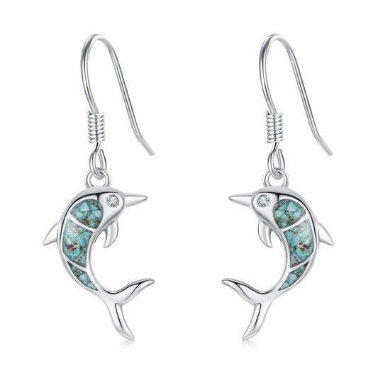 Dolphin Earrings for Women 925 Sterling Silver Turquoise Sea Animal Dangle Drop Earrings Beach Themed Ocean Jewelry Dolphin Gifts for Daughter