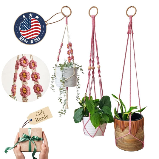 Set of 3 Macrame plant hangers with Daisies & Beads Hanging plant holder Macrame Plant hangers outdoor and indoor hanging planters Plant stand indoor Boho Decor hanging planter stand (Champagne Pink)