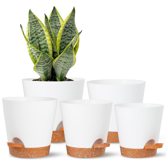 SE SUN-E Plant Pots Outdoor Self Watering Pots, Flower Pots with Drainage Hole and Reservoir White Plastic Planters for Indoor Plants Home Decorations Gift Idea 5Pack
