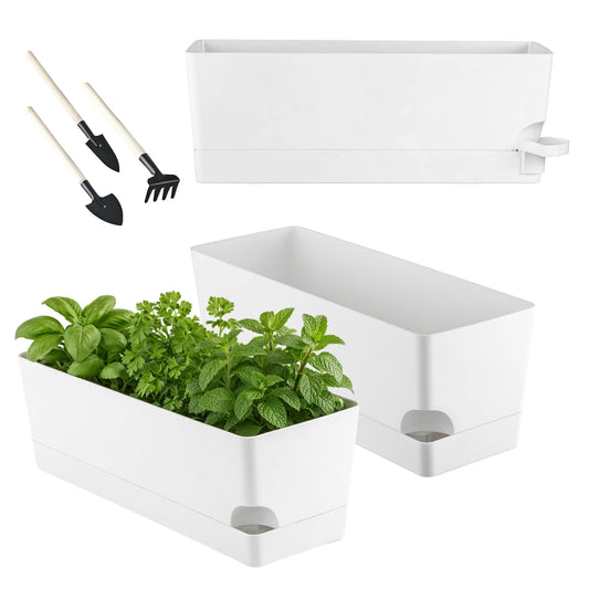 Party Zealot Window Boxes Planters, 3 Pack Self Watering Pots for Indoor Plants 17 Inch Rectangular Planter Rectangle Flower Pots Long Plant Pot Large Window Sill Herb Planter Box, White