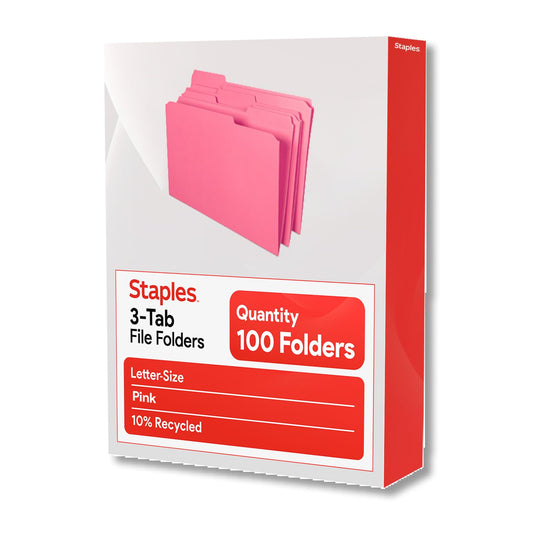 Staples Reinforced Colored File Folders, Letter Size, 3‑Tab Design, Pink, Heavy‑Duty Paper Stock, 100/Pack