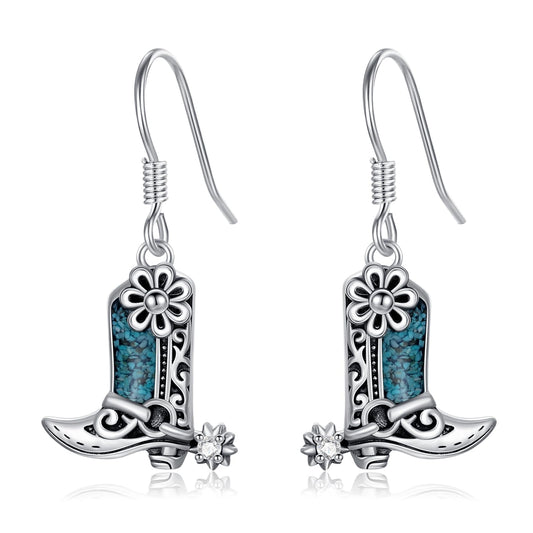 KoyeKei Cowgirl Boot Earrings 925 Sterling Silver Cowboy Texas Boot Dangle Drop Earrings Western Turquoise Cowboy Carter Jewelry Country Graduation Gifts for Women Her