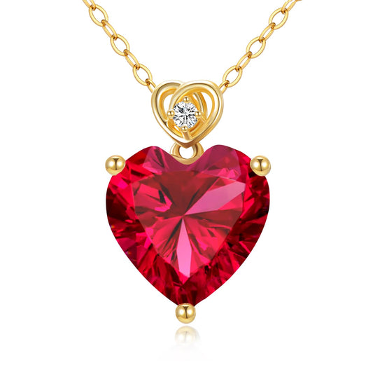 NFYBD 14k Gold Love Heart Red Ruby Birthstone Pendant Necklace for Women 3 Carat Heart-cut Created Gemstone Anniversary Birthday Mother's Day Necklaces for Her 16+1+1 inch-Jul