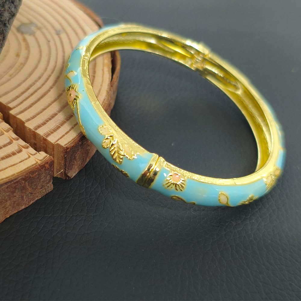 Cloisonne Bracelet For Women, Chunky Bangle Trendy Cute Flower Enamel Bangles Multi Tone Engraved Cuff Gold Plated Bracelets Stackable Wife Jewelry Friendship Gift (Blue&Blue Set, One Size)
