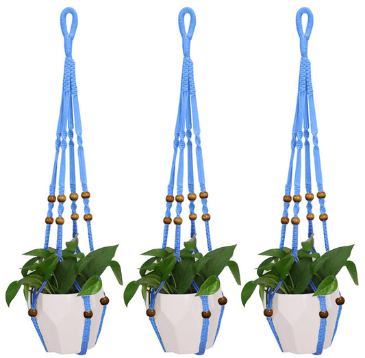 MENG ZHI AO 3 Pcs 35 Inch Macrame Plant Hanger Flower Pot Hanging Plant Holder No Tassels Decorative Hanging Planter Basket with Wood Beads for Indoor Outdoor Home Decor (Blue)