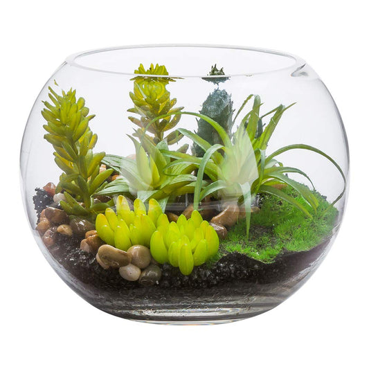 Restaurantware-7 x 5.5 Inch Faux Succulent, 1 Artificial Succulent - In Fishbowl Glass Terrarium, Use As Table Or Shelf Decor, Centerpiece, Plastic Fake Desk Plant, For Homes Or Weddings
