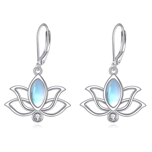 YFN Lotus Flower Earrings Sterling Silver Birthstone Lotus Leverback Dangle Drop Earrings Jewelry Gifts for Women (M. Moonstone)