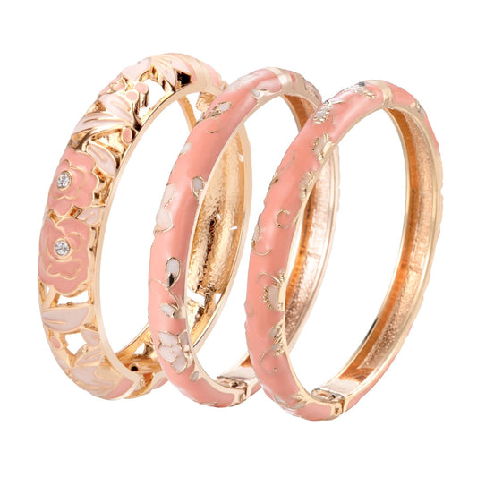 UJOY Vintage Jewelry Cloisonne Handcrafted Enameled Gorgeous Rhinestone Rose Hinged Cuff Bracelet Bangles Gifts 88A10-3PCS Pink
