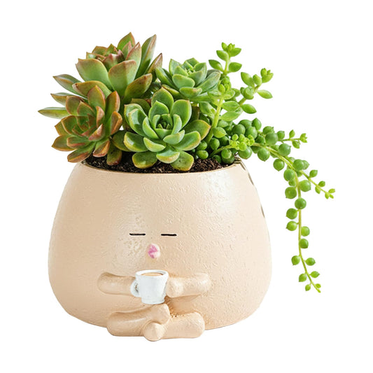 Yhupl Cute Smiling face Coffee Cup Shaped Flower Pot, Unique Seated Resin Planter, with Drainage Holes, Creative Small Home Decoration, Suitable for Indoor and Outdoor Planting (Beige)