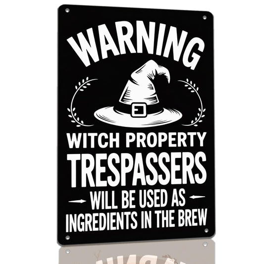 Warning Witch Property Trespassers Metal Sign Vintage Halloween Wall Decor for Spooky Hallway Closet Mudroom Front Gate or Entry Steps 8x12 Inch