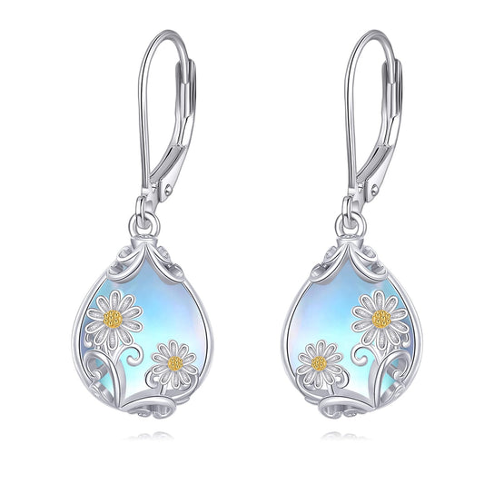 POPLYKE Moonstone Filigree Teardrop Drop Dangle Earrings Sterling Silver Daisy Leverback Earrings Moonstone Jewelry Gifts for Women