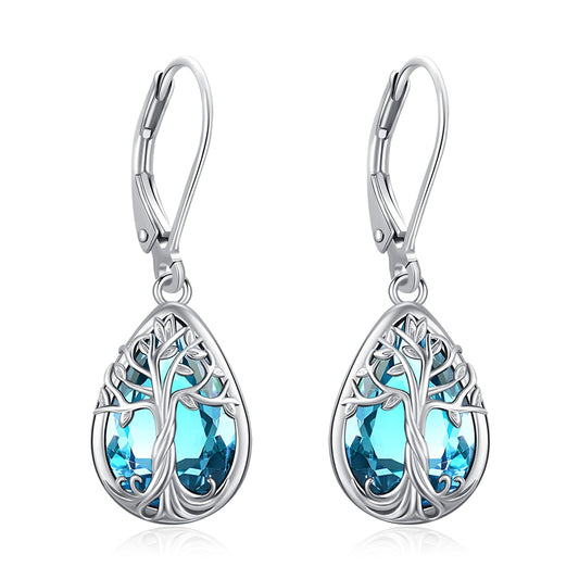 Eusense Sterling Silver Teardrop Dangle Birthstone Aquamarine Earrings Leverback Tree of Life Earrings for Women Sterling Silver Jewelry Gift Everyday Wear