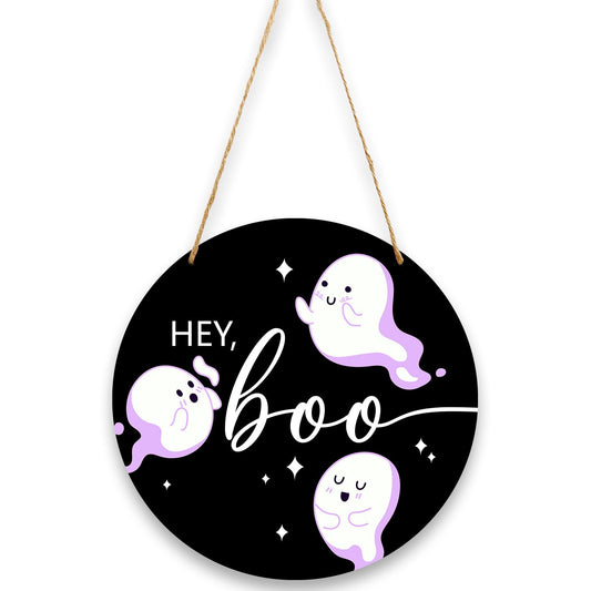 Purple Ghost Round Halloween Sign, wood sign 11 Inch, Horror Pattern Wall Decor for Front Door, Home Wall Decor, Halloween Party, Outdoor Party, Party Supplies-06