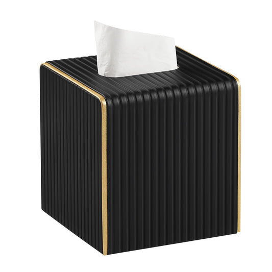 Square PU Leather Tissue Box Cover with Magnetic Closure, Decorative Tissue Holder & Storage Container for Bedroom, Living Room, Dining Room, Bathroom, Countertop, Desk & Office (Black)