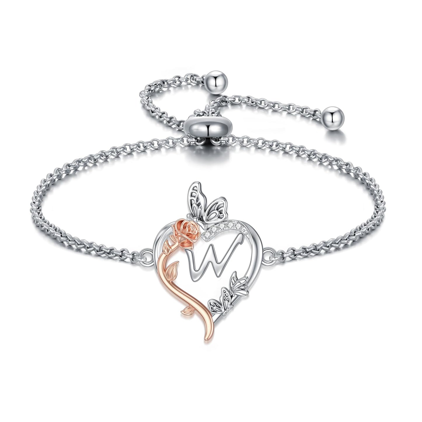 TOUPOP Rose Heart Bracelet for Women Sterling Silver Heart Initial W Letter Bracelet Butterfly Love Jewelry Anniversary Birthday Mothers Day Gifts for Mom Wife Her Girlfriend