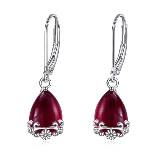 POPLYKE Garnet Filigree Teardrop Drop Dangle Earrings Sterling Silver Red Gemstone Leverback Earrings Jewelry for Women