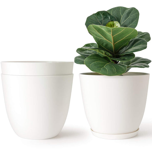 Mkono 7.5 Inch Plastic Planters Indoor Set of 3 Flower Plant Pots Modern Decorative Garden Pot with Drainage and Tray for All House Plants, Flowers, Herbs, Foliage Plant, and Seed Nursery, Cream White
