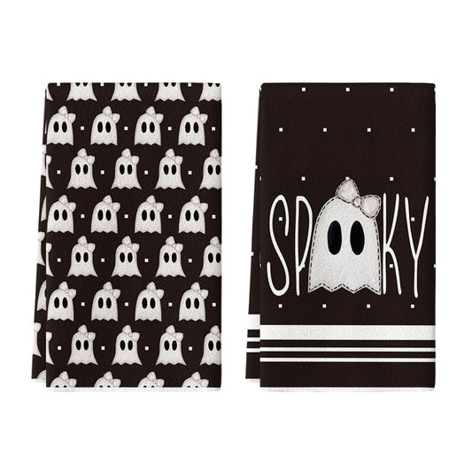 Artoid Mode Black Ghost Spooky Halloween Kitchen Towels Dish Towels, 18x26 Inch Bow Knot Decoration Hand Towels Set of 2