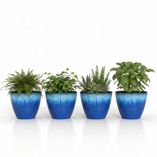LESOASIS 8 inch Plant Pots with Drainage Holes, Pack of 4 Plastic Flower Pots Indoor, Modern Glossy Finishing Planter for Indoor Outdoor Plants (Blue Glaze, 4 Pack)