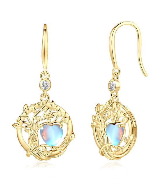FANCIME Tree of Life Earrings 925 Sterling Silver Yellow Gold Plated Moonstone Dangle Drop Gemstone Earring June Birthstone Fine Jewelry Birthday Mothers Day Gifts Gifts for Wife Her Women
