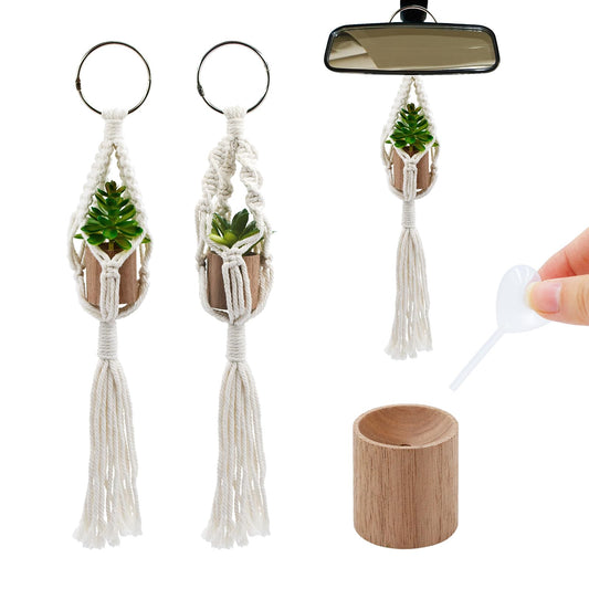 2 Packs Mini Macrame Plant Air Freshener Accessories, Wooden Oil Diffuser with Artificial Plant, Decoration for Handle, Car, Office, Bathroom, Living Room