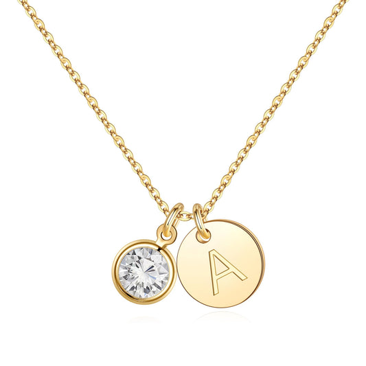 Hidepoo Initial Birthstone Necklaces Gift - Personalized Mothers Day Birthday Gifts for Woman Wife Sister Grandma Mom, White Topaz April Birthstone Jewelry for Women, Disc Letter A Necklace