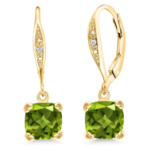 Gem Stone King Drop Dangle Earrings For Women | 7MM Cushion Cut Gemstone Birthstone and Diamond | 925 Sterling Silver | Jewelry Gift for Mom Wife Her | Peridot-August | Yellow Gold