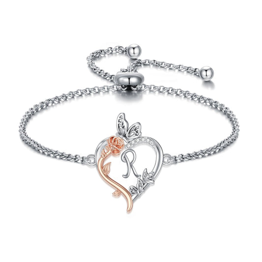 TOUPOP Rose Heart Bracelet for Women Sterling Silver Heart Initial R Letter Bracelet Butterfly Love Jewelry Anniversary Birthday Mothers Day Gifts for Mom Wife Her Girlfriend