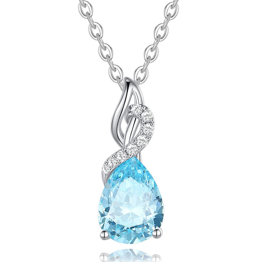 FANCIME Aquamarine Necklace March Birthstone Necklace 14K Solid White Gold Teardrop Pendant with Diamond Jewelry Gifts for Mom Women