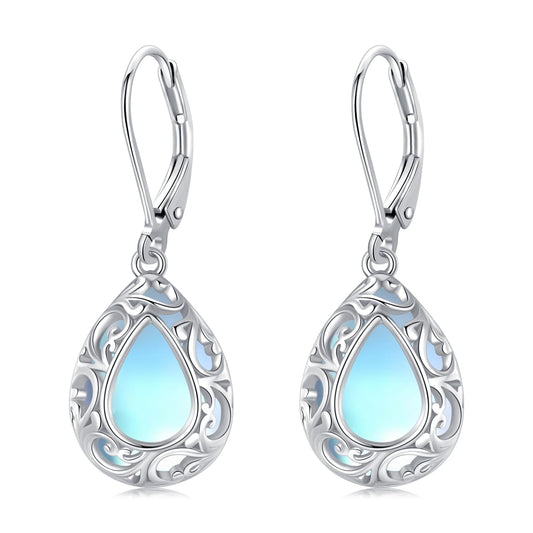 KoyeKei Moonstone Filigree Leverback Earrings for Women 925 Sterling Silver Moonstone Teardrop Dangle Drop Earrings Filigree Jewelry Anniversary Graduation Gifts for Lover Girlfriend Best Friend