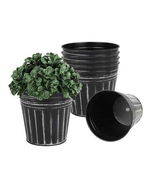 vensovo 5 Inch Galvanized Bucket Planter - 6 Pack Metal Flower Pots with Drainage Holes & Plugs, Rustic Black Tin Pots for Indoor Herbs, Outdoor Succulents, Farmhouse Home Garden Decor