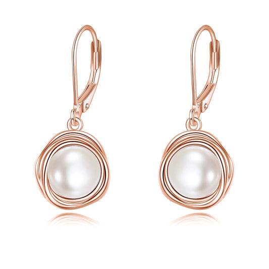POPLYKE Pearl Dangle Earrings Rose Gold Plated 925 Sterling Silver Pearl Leverback Earrings for Women Birthday Gifts Hypoallergenic