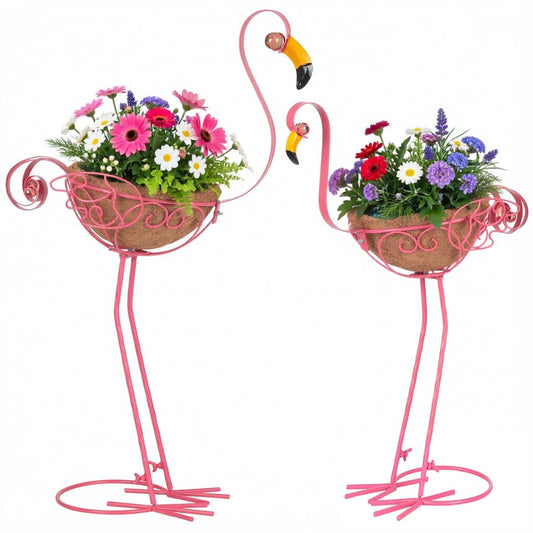 Derynome Pink Flamingo Garden Planters, Set of 2 Metal Flamingo Outdoor Planters with Basket, Flamingos Decorations for Indoor Outdoor Garden Decor
