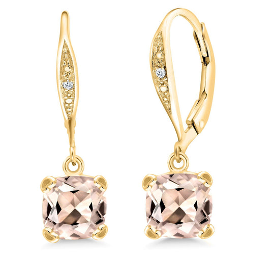 Gem Stone King Drop Dangle Earrings For Women | 7MM Cushion Cut Gemstone Birthstone and Diamond | 925 Sterling Silver | Jewelry Gift for Mom Wife Her | Morganite-October | Yellow Gold