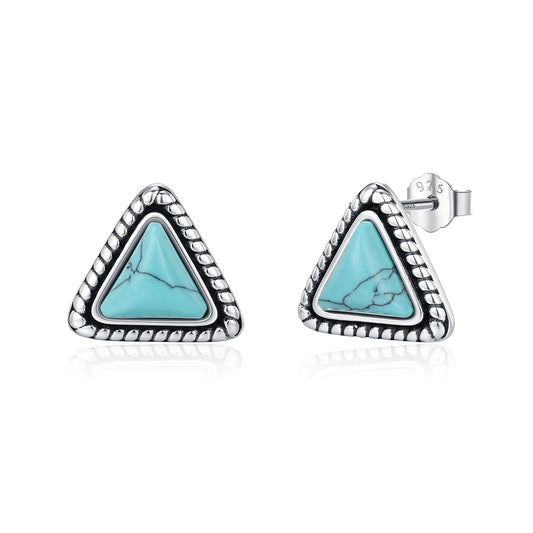 AOVEAO Triangular Turquoise Stud Earrings S925 Sterling Silver Vintage Braids Blue Gemstone Bohemian Ethnic Tribal Jewelry for Women Graduation