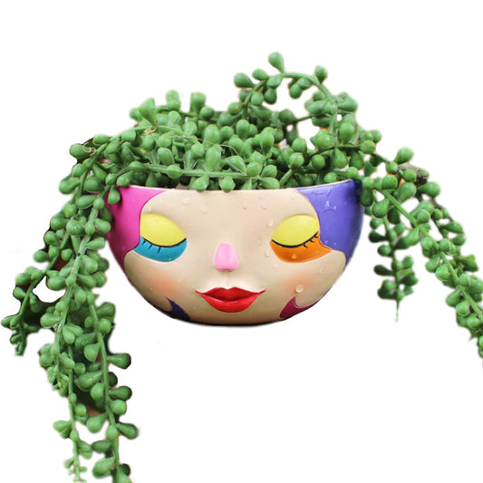 BJVF Unique Face Flower Pot Head Planter - Abstract Colorful Resin Cute Girl Statue Planter with Closed Eyes for Indoor & Outdoor Plants