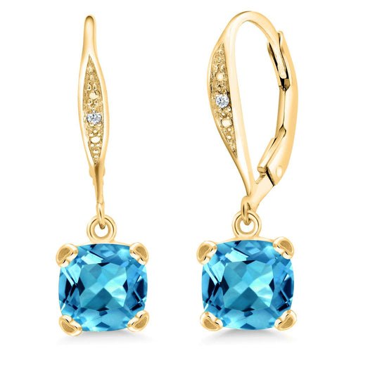 Gem Stone King Drop Dangle Earrings For Women | 7MM Cushion Cut Gemstone Birthstone and Diamond | 925 Sterling Silver | Jewelry Gift for Mom Wife Her | Swiss Blue Topaz-November | Yellow Gold