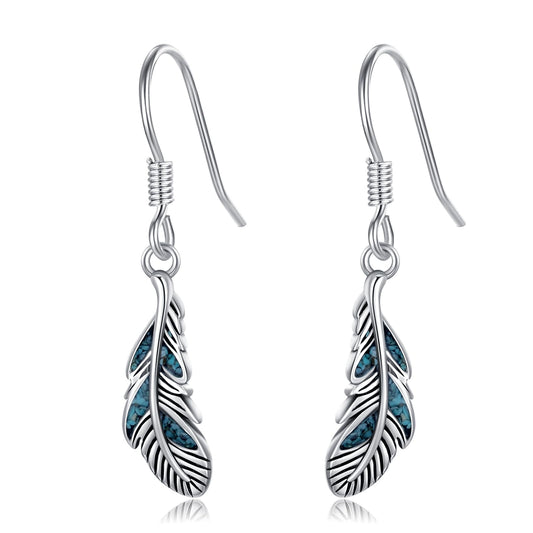 KoyeKei Turquoise Feather Earrings 925 Sterling Silver Feather Dangle Drop Earrings Western Jewelry Country Christmas Graduation Gifts for Women Her