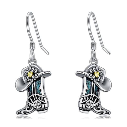 KoyeKei Cowboy Boot Earrings for Women 925 Sterling Silver Cowgirl Hat Texas Boot Dangle Drop Earrings Western Turquoise Cowboy Carter Jewelry Country Boho Gifts for Daughter Wife