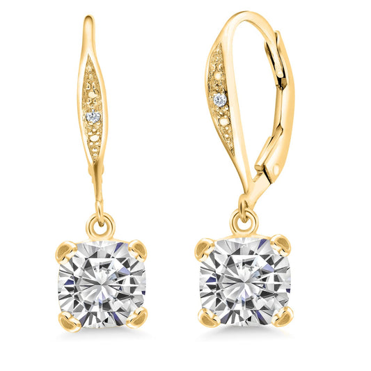 Gem Stone King Drop Dangle Earrings For Women | 7MM Cushion Cut Gemstone Birthstone and Diamond | 925 Sterling Silver | Jewelry Gift for Mom Wife Her | White Moissanite-April | Yellow Gold